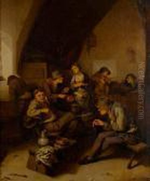 Topers Smoking And Drinking In A Tavern Interior Oil Painting by Cornelis (Pietersz.) Bega