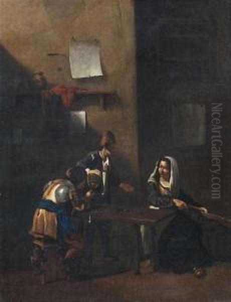 Tavern Interior With Peasants Smoking And Drinking And A Woman With A Guitar. Oil Painting by Cornelis (Pietersz.) Bega