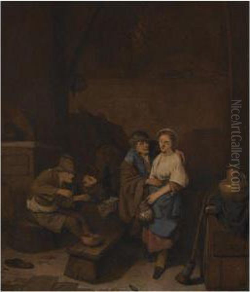 A Tavern Interior With Peasants Drinking Oil Painting by Cornelis (Pietersz.) Bega