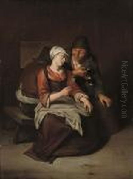 A Peasant Offering A Young Girl A Glass Of Wine Oil Painting by Cornelis (Pietersz.) Bega