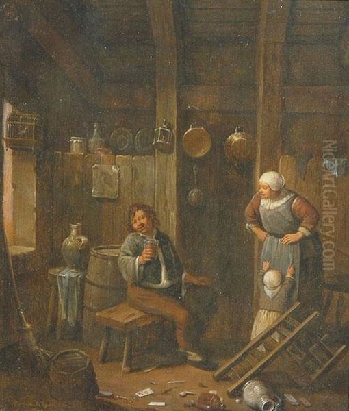 Interieur Mit Figuren. Oil Painting by Cornelis (Pietersz.) Bega