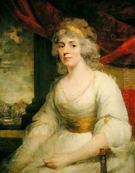 Portrait of Mrs Billington seated three quarter length in a white dress Oil Painting by John Hoppner