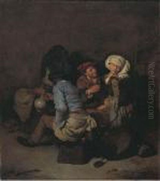 A Peasant Woman Seduced By A Man In An Interior Oil Painting by Cornelis (Pietersz.) Bega