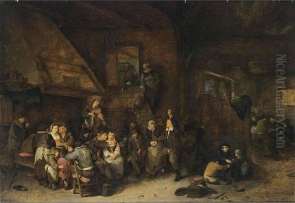 A Tavern Interior With Peasants Making Music And Children Playing In The Foreground Oil Painting by Cornelis (Pietersz.) Bega