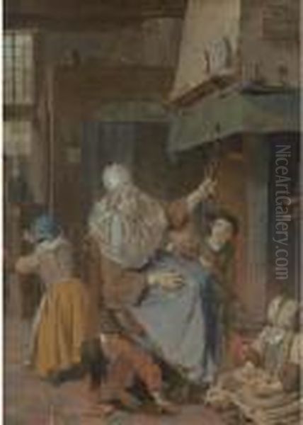 An Interior With A Mother Scolding Her Children Oil Painting by Cornelis (Pietersz.) Bega