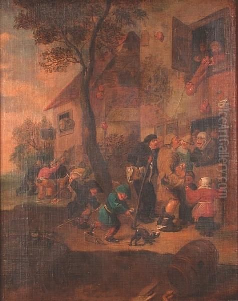 Beggars At A Cottage Door Oil Painting by Cornelis (Pietersz.) Bega