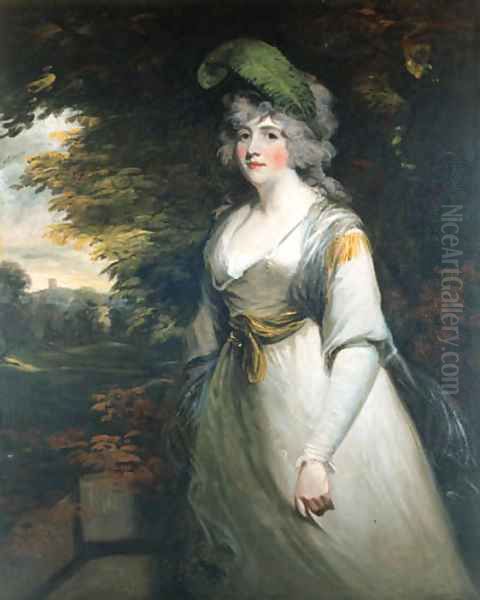 Portrait of Lady Boothby, three-quarter length, in a grey dress and with a plume in her hair, a landscape beyond Oil Painting by John Hoppner