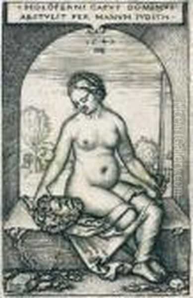 Judith Assise Sous Une Arche, 
Burin, 7,5 X 5 Cm, Coupe Au Trait Carre A Gauche Et Sur Le Coup De 
Planche Sur Trois Cotes (hollstein 13), Belle Epreuve, Trace De Pli Au 
Verso. Oil Painting by Hans Sebald Beham