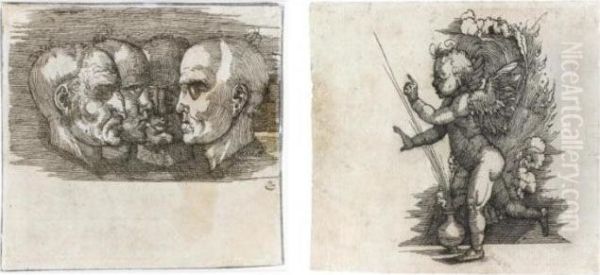 Recto: A Putto Standing Beside A Flaming Urn Verso: Four Studies Of Men's Heads Oil Painting by Hans Sebald Beham