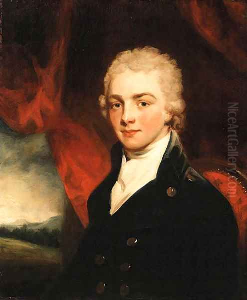 Portrait of a Gentleman, bust length, seated before a red curtain, a landscape beyond Oil Painting by John Hoppner