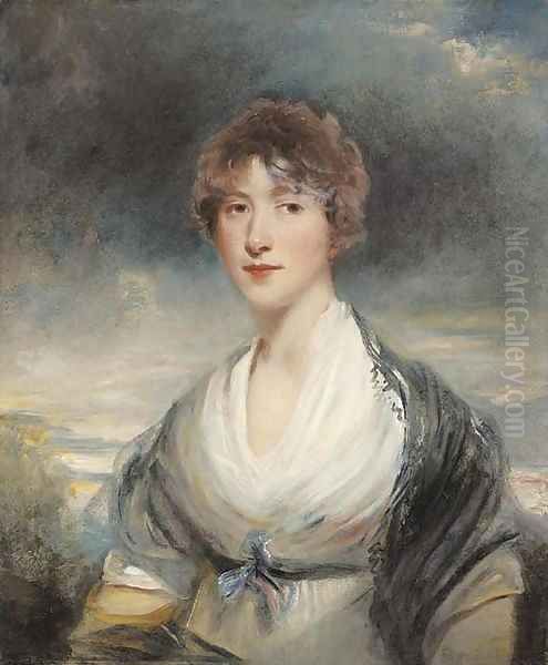 Portrait of Lady Barbara Ashley-Cooper, half-length, in a white dress and black shawl, in a landscape Oil Painting by John Hoppner