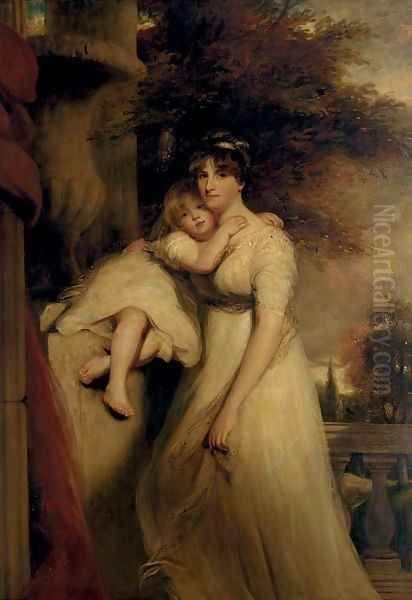 Portrait of Lady Mildmay, standing three-quarter-length, in a white dress, with her child, a landscape beyond Oil Painting by John Hoppner