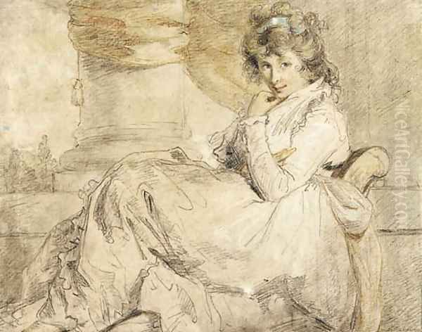 Study of an elegant young lady, traditionally identified as Emma Hamilton, seated on a chaise longue Oil Painting by John Hoppner