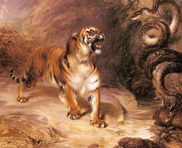 A Tiger and a Serpent Oil Painting by William John Huggins