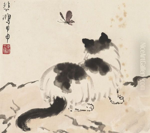 Kitten With Butterfly Oil Painting by Xu Beihong