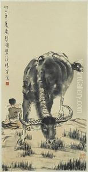 Herdboy And Waterbuffalo Oil Painting by Xu Beihong