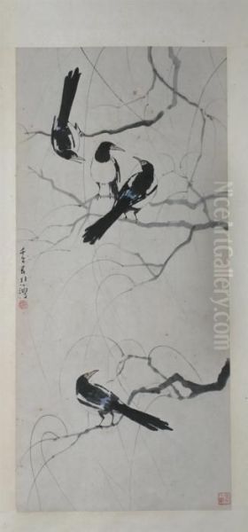 Birds Perched On Branches Oil Painting by Xu Beihong