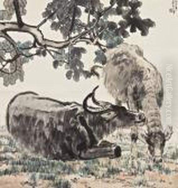 Buffaloes Oil Painting by Xu Beihong