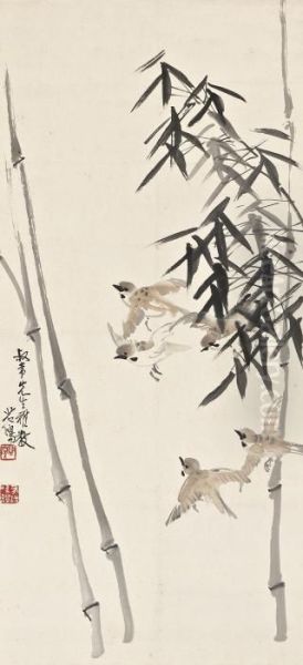 Birds And Bamboo Oil Painting by Xu Beihong