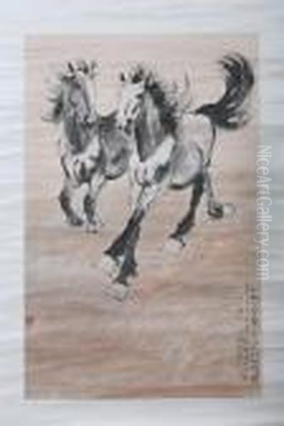 Two Horses Oil Painting by Xu Beihong