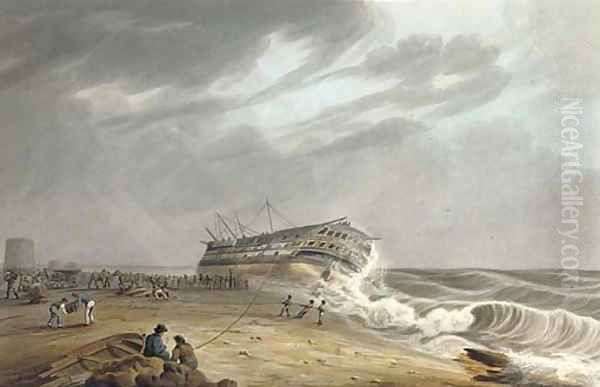 The Honourable [East India] Company's ship Thames on shore at Eastbourne, 1822 Oil Painting by William John Huggins