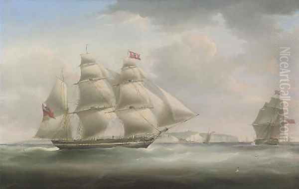 A postal packet in two positions, in the Channel off Dover, with the pilot cutter approaching Oil Painting by William John Huggins