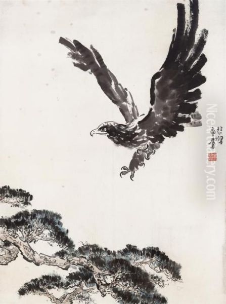 Eagle Flying Above Pine Trees Oil Painting by Xu Beihong