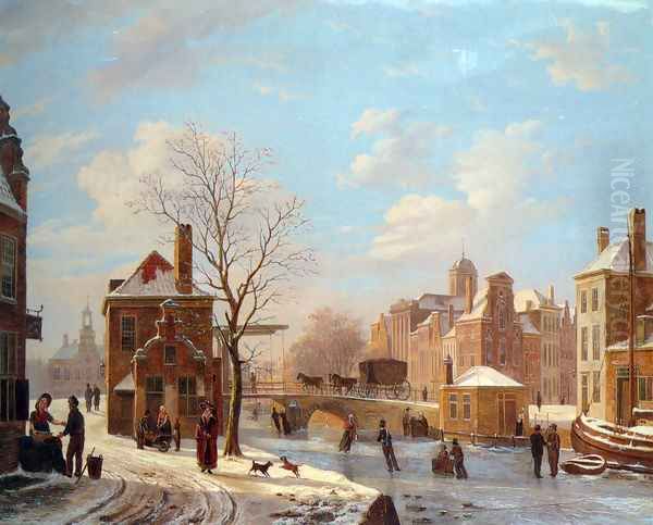 A Dutch Town Scene in Winter Oil Painting by Bartholomeus Johannes Van Hove