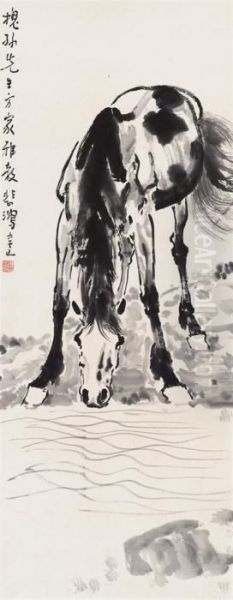 Horse Drinking Oil Painting by Xu Beihong