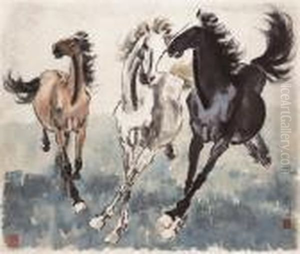 The Three Stallions Oil Painting by Xu Beihong