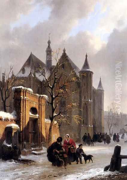 A Capricio View With Figures Leaving A Church In Winter Oil Painting by Bartholomeus Johannes Van Hove