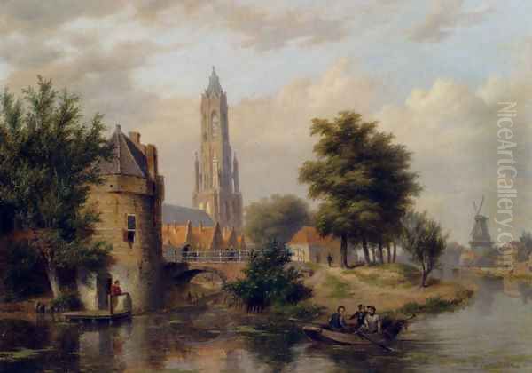 View Of A Riverside Dutch Town Oil Painting by Bartholomeus Johannes Van Hove