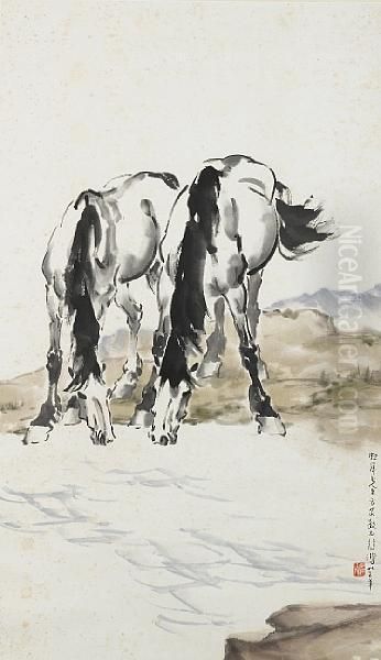 Two Drinking Horses Oil Painting by Xu Beihong