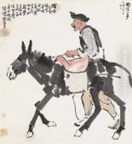 Riding On A Donkey Oil Painting by Xu Beihong