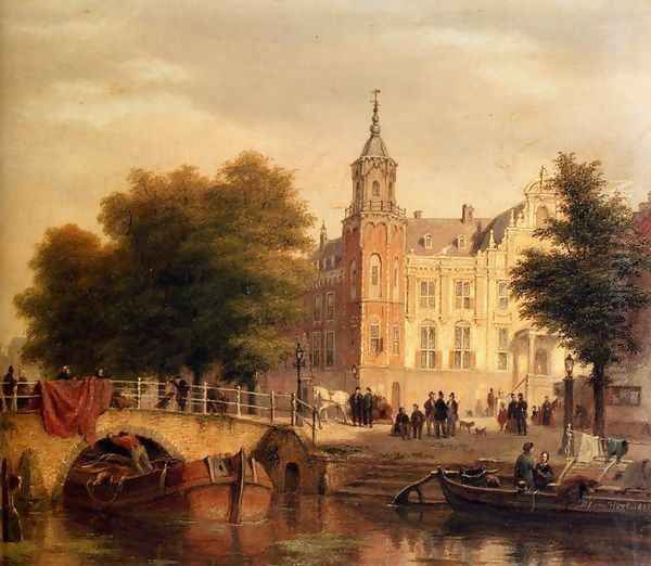 A Sunlit Townview With Figures Gathered On A Square Along A Canal Oil Painting by Bartholomeus Johannes Van Hove