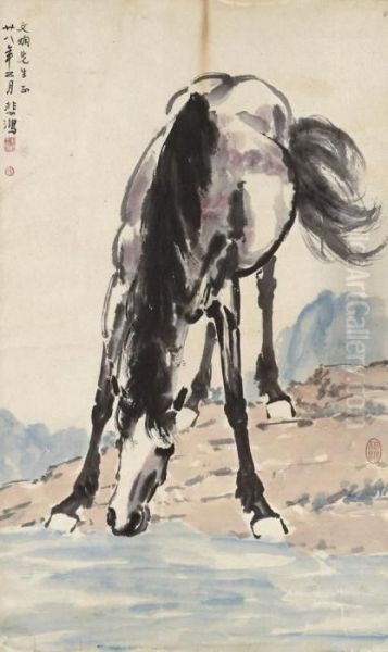 Horse Drinking Oil Painting by Xu Beihong