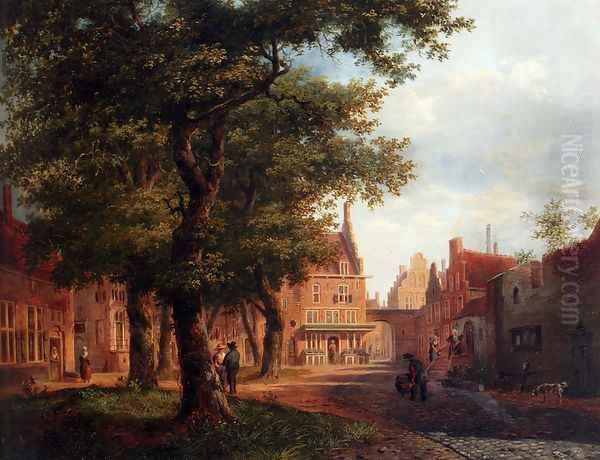 A Village Square With Villagers Conversing Under Trees Oil Painting by Bartholomeus Johannes Van Hove