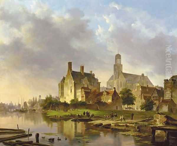 A riverside town Oil Painting by Bartholomeus Johannes Van Hove