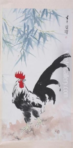 Rooster Under Bamboo Foliage Oil Painting by Xu Beihong