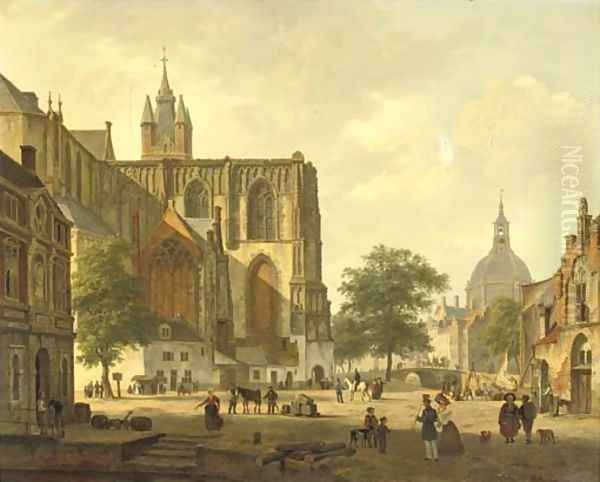 A busy Dutch city square in summer Oil Painting by Bartholomeus Johannes Van Hove