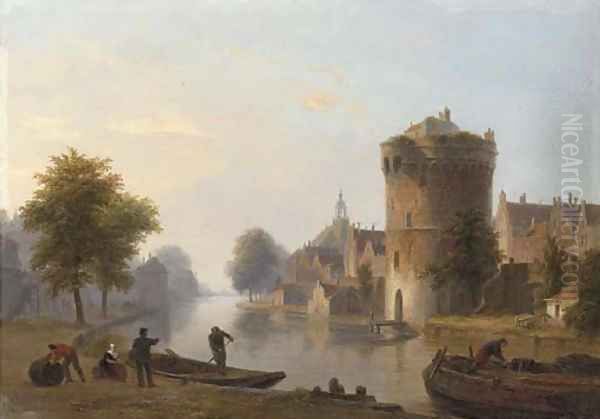 Figures by a Dutch canal Oil Painting by Bartholomeus Johannes Van Hove