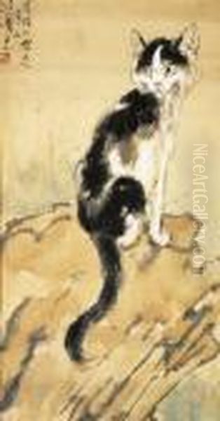 Cat On The Cliff Oil Painting by Xu Beihong