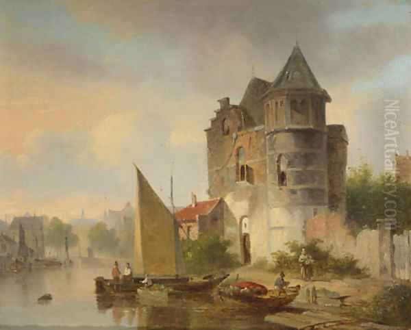 Villagers unloading cargo vessels on a river by a fortified mansion Oil Painting by Bartholomeus Johannes Van Hove