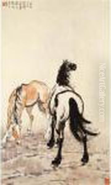 Two Horses Oil Painting by Xu Beihong