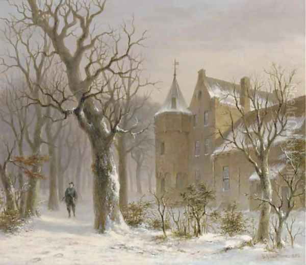 Sportsman in a snowy forest by a castle Oil Painting by Bartholomeus Johannes Van Hove