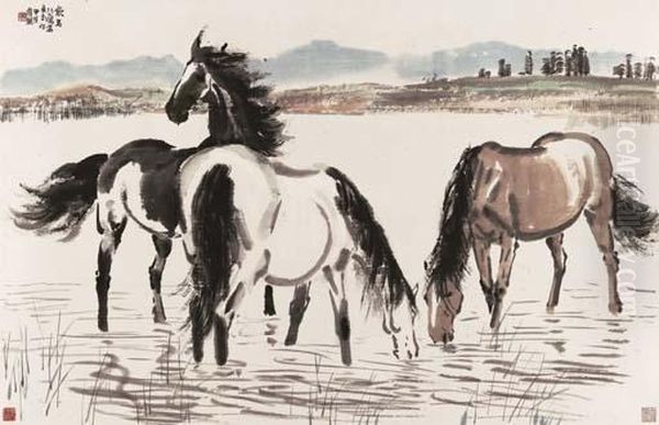 Horses Drinking Oil Painting by Xu Beihong