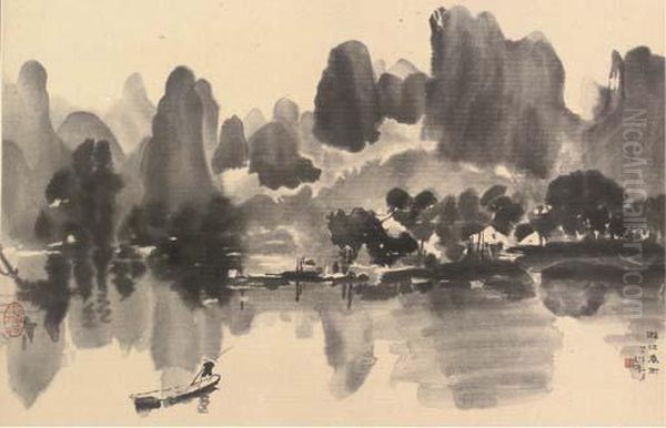 A Fisherman Fording A River Oil Painting by Xu Beihong