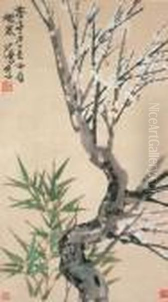 Plum Blossoms And Bamboo Oil Painting by Xu Beihong