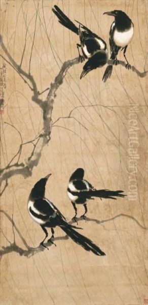 Four Magpies Oil Painting by Xu Beihong