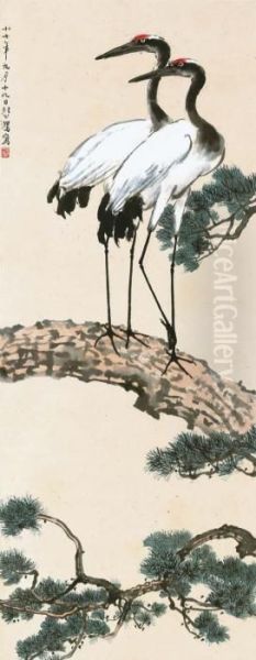 Two Cranes Standing On Pine Oil Painting by Xu Beihong